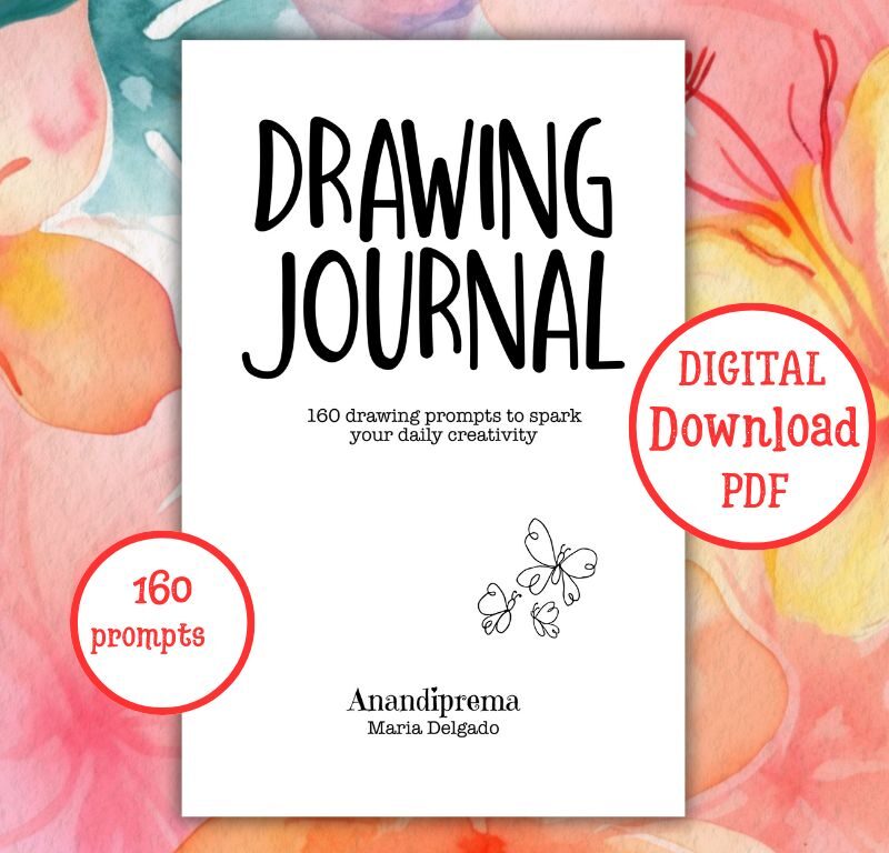 Cover of a printable drawing prompts journal with 160 creative ideas for daily sketching, designed for spiral binding.